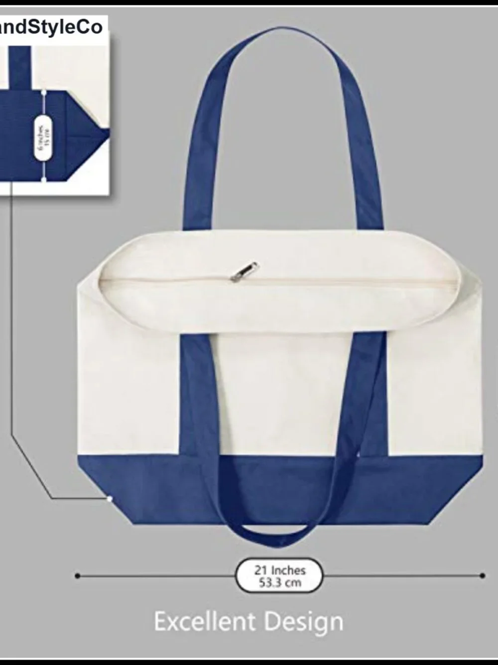 Canvas Tote Bag Zippered Reusable Grocery Shopping Carryall